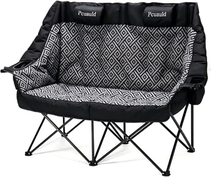 High Back Double Camping Chair Padded Folding Loveseat with Adjustable Pillows Heavy Duty 2 Person Camping Lawn Chairs for Adults with Cup Holders & Wine Racks for Outdoor Sports Beach Fishing