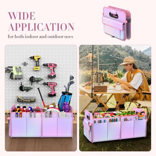 titiyiof Trunk Organizer For Suv&Sedan,Car Organizers & Storage, Waterproof Collapsible & Adjustable Straps,70L Sturdy Car Organization for Car Accessories,Tools,Sundries,2-3Compartment(Colorful Pink)