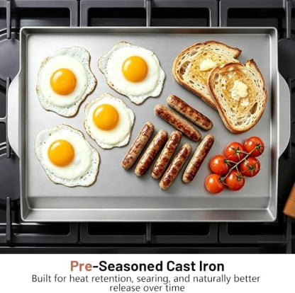 Upgraded 19"x13" Oil-Seasoned Cast Iron Griddle, 2.56" High Sidewalls, Portable Nonstick Flat Top with Dual Handles, Universal for Gas Grill & Camping Stove