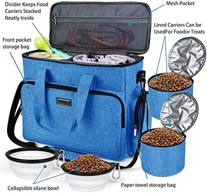 BAGLHER Dog Travel Bag, Pet Travel Bag (ALL Pet Travel Supplies), With 2 Pet Food Containers and 2 Collapsible Silicone Bowls; Essential Kits for Pet Travel Blue
