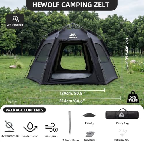 Hewolf 2/3/4 Person Camping Tent - Instant Pop Up Waterproof 2 Doors Tent with Easy Setup | 3-Season Hexagonal Dome Design for Family, Hiking & Traveling