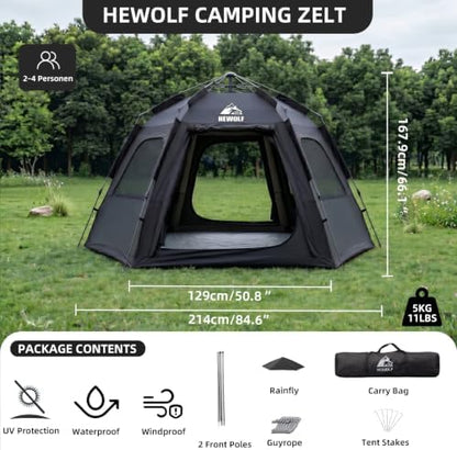 Hewolf 2/3/4 Person Camping Tent - Instant Pop Up Waterproof 2 Doors Tent with Easy Setup | 3-Season Hexagonal Dome Design for Family, Hiking & Traveling