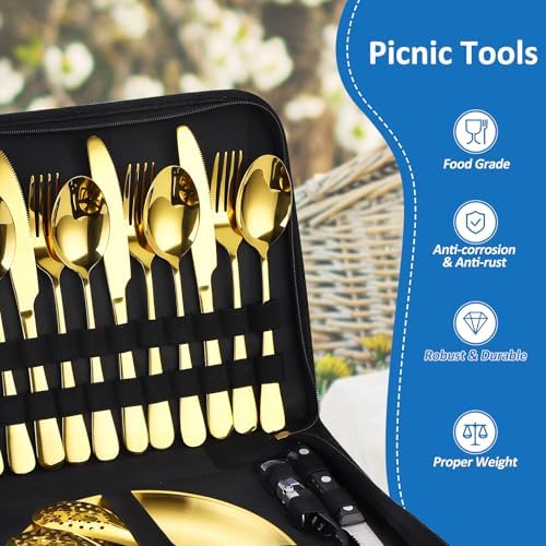 Camping Silverware Kit Cutlery Organizer Utensil Picnic Set Stainless Steel Plate Spoon Clip and Serrated Knife Wine Opener Fork Napkin Hiking - Camp Kitchen BBQ’s