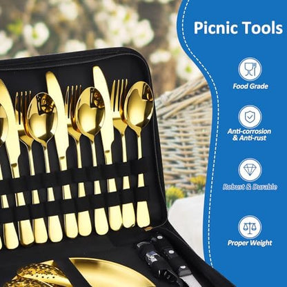 Camping Silverware Kit Cutlery Organizer Utensil Picnic Set Stainless Steel Plate Spoon Clip and Serrated Knife Wine Opener Fork Napkin Hiking - Camp Kitchen BBQ’s