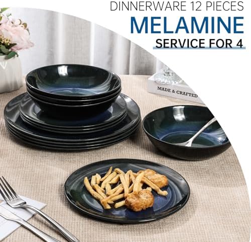 Melamine Dinnerware Set, Blue Cosmic Dinner Dishes Set for 4