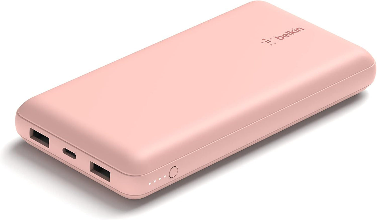Belkin Portable Charger, USB C Power Bank 20000 mAh w/ 1xUSB-C Port & 2xUSB-A Ports, 15W w/ Type-A to Type-C Cable for iPhone 16, Plus, Pro, Max, Samsung Galaxy S25, Google Pixel 10, etc. - Rose Gold