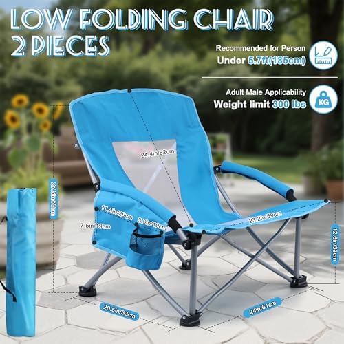 HaSteeL Low Beach Chairs for Adults, Lightweight Camping Folding Chair with Carrying Bag, Portable for Outdoors Lawn Backyard Patio RV Trip Fishing Sport Tailgating, Support 300LBS, Blue, 2 Pack