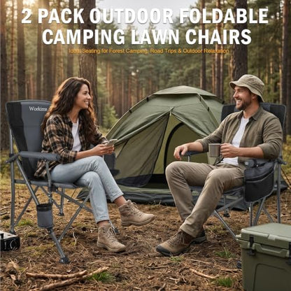 2 Pack Folding Camping Chair with Cup Holder and Storage Bag,Heavy Duty Supports 400 LBS,Portable Outdoor Chair for Camp,Lawns,Travel,Fishing,Grey