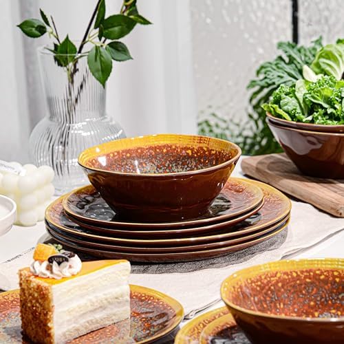 FINE&NICE Melamine Dinnerware Set of 12Pcs, Dish Set for 4, Lightweight Unbreakable Plate and Bowl Set for Patio, RV and Camping, Dishwasher Safe,Rusty Brown