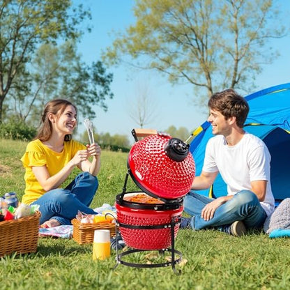 13" Portable Round Ceramic Charcoal Grill,Outdoor Barbecue Smoker,Heavy Duty Outdoor BBQ Grill,Vertical Camping Barbecue Grill,with Built-in Thermometer,for Garden Patio Beach Backyard (Red)