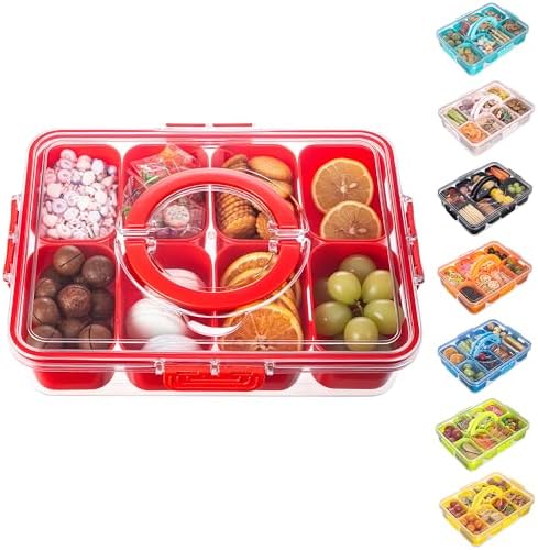 Dingerjar Divided Serving Tray with Lid and Handle - Snackle Box Charcuterie Container for Portable Snack Platters Organizer for Candy, Fruits, Nuts, Snacks - Perfect for Party, Entertaining, Red