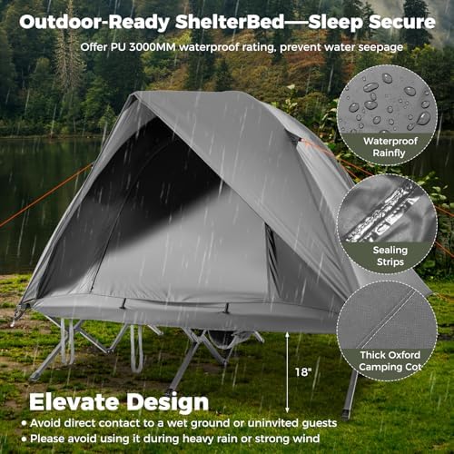 LDAILY 2 Person Tent Cot, Camping Cot Tent Combo with Portable Roller Carry Bag and Waterproof Rainfly, Elevated Tent Camping Bed Combo for Outdoor Camping and Hiking Enthusiasts