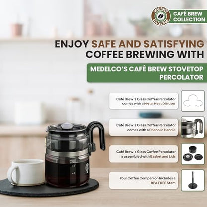 Café Brew Glass Coffee Percolator, Stovetop, 8 Cup, BPA-Free