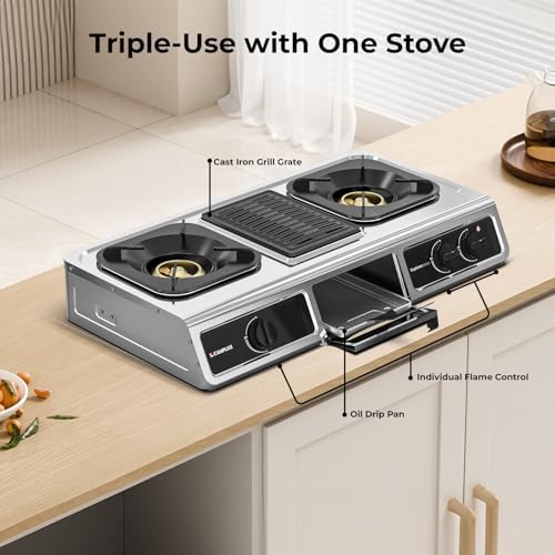 CAMPLUX 3 Burner with 1 Grill Plate Propane Gas Cooktop Stove, 26,000 BTU Stainless Steel Triple Burner Propane Cooktop for Outdoor Kitchen Cooking with CSA Regulator, Estufa de Gas Portatil