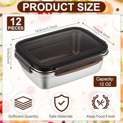 12 Pcs 12oz/ 350 ml 304 Stainless Steel Food Containers with Lid, FDA Registered Airtight Lunch Container Reusable Meal Prep Storage Box Freezer/Dishwasher Safe for Home Kitchen