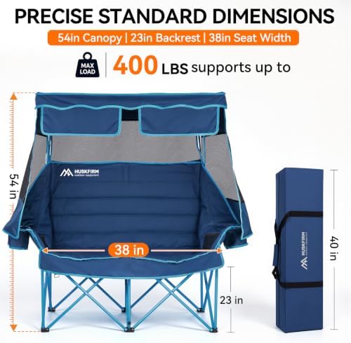 Huskfirm Double Camping Chair with Canopy Shade Folding Heavy Duty Blue