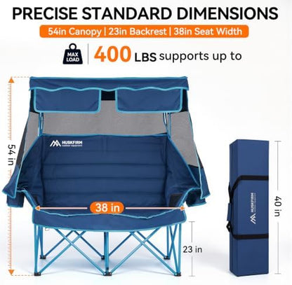 Huskfirm Double Camping Chair with Canopy Shade Folding Heavy Duty Blue