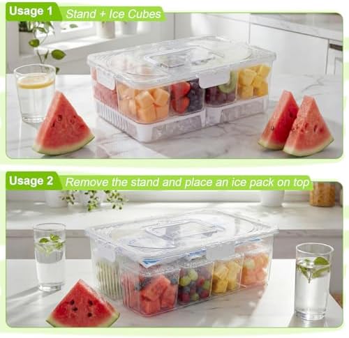 Snackle Box Container Food Grade Clear Plastic, Insulated Cooler Bag, 8 Removable Cups, Divided Serving Tray with Lid Handle Forks Spoons for Picnic Beach Road Trip Party, Ice Pack Not Included