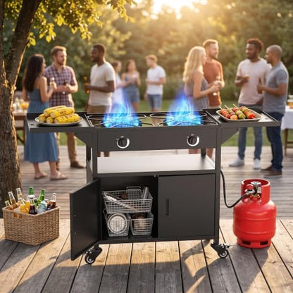 2 Burner Propane Camping Stove Outdoor|150000 BTU|Side Shelf with Cabinet