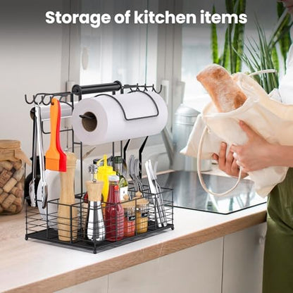 Grill Caddy for Outdoor Grill with 2 Paper Towel Holders,Barbecue Tool Sets Storage Organizer,BBQ Caddy for Outdoor Grill with 9 Compartments & 8 Hooks,Picnic Caddy Grilling Gifts for Men