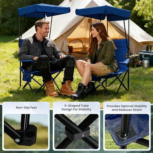 Portable Camping Chair 2 Pack with Foldable Canopy, Folding Outdoor Chair with Cup Holder & Side Pocket for Camping, Hiking, Picnic, Beach (Blue)