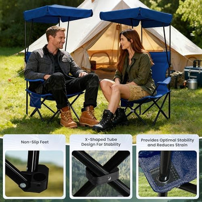 Portable Camping Chair 2 Pack with Foldable Canopy, Folding Outdoor Chair with Cup Holder & Side Pocket for Camping, Hiking, Picnic, Beach (Navy Blue)