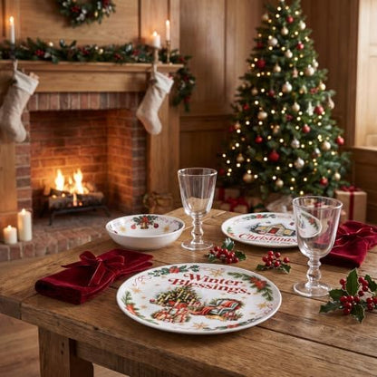 Vintage Christmas Dinnerware Set for 4, 12-Piece Melamine Dish Set