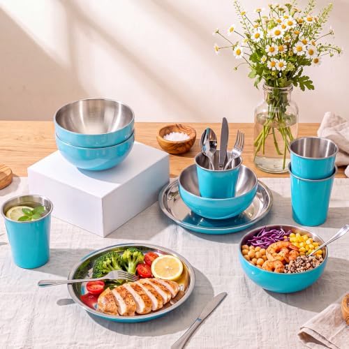Jinei 24 Pcs Stainless Steel Camping Dinnerware Set for 4,Blue