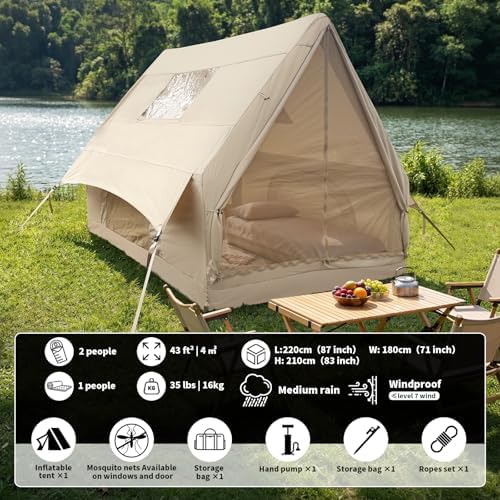 Qeroo® Luxury Inflatable Camping Tent for 1-2 Person, 600D Oxford Air Tent with Pump, 5 Min Setup, Waterproof & Windproof, All-Season Portable Glamping Tent,Durable Shelter,Lightweight & Easy to Carry