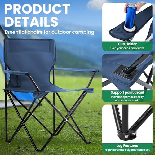 2 Pack Folding Camping Chairs for Adults, Foldable Portable Beach Chairs with Carry Bag & Cup Holder, Compact Design for Camping, Beach, Picnics, and Fishing Supports 300LBS（Dark Navy）