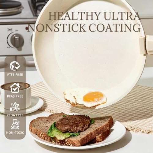Ceramic Cookware Set Non Stick 8Pcs Pots and Pans Set Detachable Handle Induction Kitchen Cooking Set with Frying Pans Oven Dishwasher Safe, PFAS/PFOA Free, Cream White