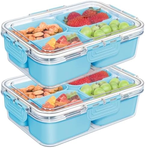 Small Snack Box Container, Divided Serving Tray with Lid, 4 Compartment Snack Box Container for Candy, Fruits, Charcuterie, Travel & Parties, BPA-Free, 2 Pack
