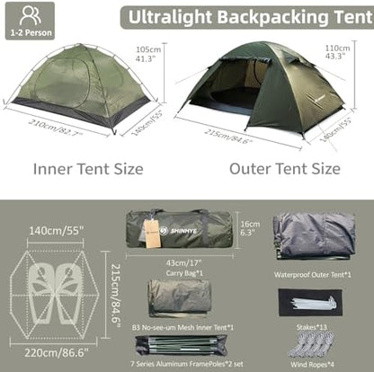 ShinHye Backpacking Tent 2/3/4 Person - Ultralight Dome Portable Tents for Camping Easy Set Up, Outdoor Hiking Waterproof Camp Instant Tent Two Doors Double Layer