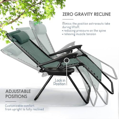 Nestl Zero Gravity Chairs 1 Pk, Portable Patio Lounge Outdoor with Pillows & Cup Holder Trays, Adjustable Steel Lawn Chair for Deck, Beach - Forest Green