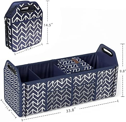 Trunk Organizer for car, Foldable Car Storage Bag Portable Insulation Cooler Bag Collapsible Vehicle Organizer Divider Storage Totes with 4 Compartment Cargo Tote for Groceries Caddy SUV, Navy Blue