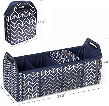 Trunk Organizer for car, Foldable Car Storage Bag Portable Insulation Cooler Bag Collapsible Vehicle Organizer Divider Storage Totes with 4 Compartment Cargo Tote for Groceries Caddy SUV, Navy Blue