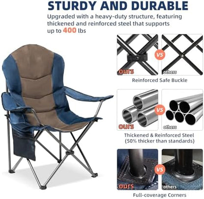 2 Pack Folding Camping Chairs for Adults - High Back Padded Outdoor Lawn Chairs with Lumbar Support & Cup Holder, 400lbs Heavy Duty Portable Camping Chairs Set (Blue & Brown, 2 PCS)