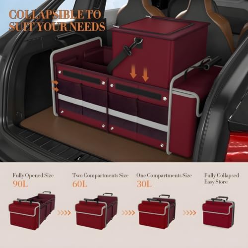 Large Trunk Organizer for SUV with Premium Portable Cooler Bag, Car Organizers and Storage with Foldable Cover, Collapsible Car Trunk Bed Organizer for Truck, 2 Retractable Straps, 90L+20L, Wine Red-C