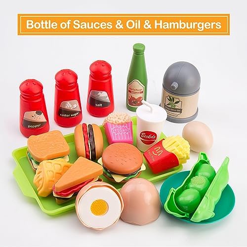 105Pcs Kids Kitchen Toy Accessories, Toddler Pretend BBQ Camping Cooking Playset, Play Pots, Pans, Utensils Cookware Toys, Play Food Set, Vegetables, Learning Gift for Girls Boys (Turquoise)