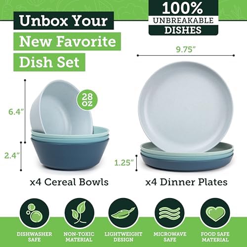 Grow Forward Premium Wheat Straw Plates and Bowls Sets - 8-Piece Wheat Straw Dinnerware Sets - Unbreakable & Reusable Microwave Safe Plastic Dinner Plates for Outdoors, RV, Camping Dishes - Seascape