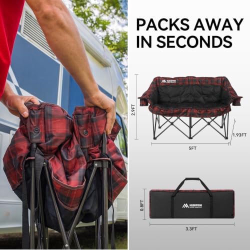 Huskfirm Padded Double Camping Chair, Camping Couch, Black & Red Plaid