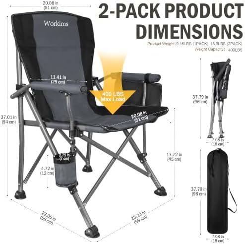 2 Pack Folding Camping Chair with Cup Holder and Storage Bag,Heavy Duty Supports 400 LBS,Portable Outdoor Chair for Camp,Lawns,Travel,Fishing,Grey