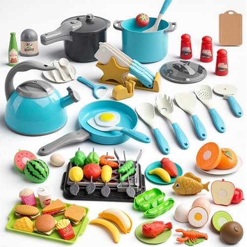 105Pcs Kids Kitchen Toy Accessories, Toddler Pretend BBQ Camping Cooking Playset, Play Pots, Pans, Utensils Cookware Toys, Play Food Set, Vegetables, Learning Gift for Girls Boys (Turquoise)