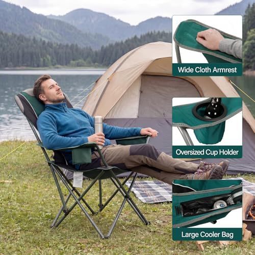 2 Pack Camping Chairs for Adults - Oversized Folding Lawn Chair with Angled Backrest,Heavy Duty 400lbs,Padded Camp Chairs with Cup Holder Side Pocket Cooler Bag for Outdoor,Sports,Beach,Fishing,Green