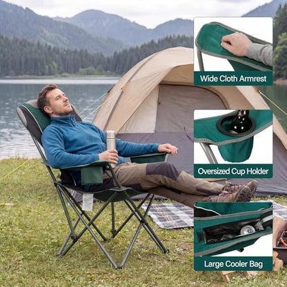 2 Pack Camping Chairs for Adults - Oversized Folding Lawn Chair with Angled Backrest,Heavy Duty 400lbs,Padded Camp Chairs with Cup Holder Side Pocket Cooler Bag for Outdoor,Sports,Beach,Fishing,Green