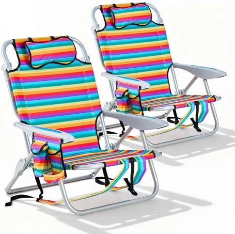 2 Pack Lightweight Portable Camping Beach Chair for Adults, Outdoor Lay Flat Folding Beach Chairs with 5 Positions, Backpack Beach Chair with Towel Bar, Zipper Pouch, Rainbow Striped