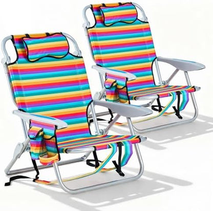 2 Pack Lightweight Portable Camping Beach Chair for Adults, Outdoor Lay Flat Folding Beach Chairs with 5 Positions, Backpack Beach Chair with Towel Bar, Zipper Pouch, Rainbow Striped
