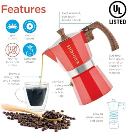 GROSCHE Milano Stovetop Espresso Maker Moka Pot 6 espresso Cup, 9.3 oz Red