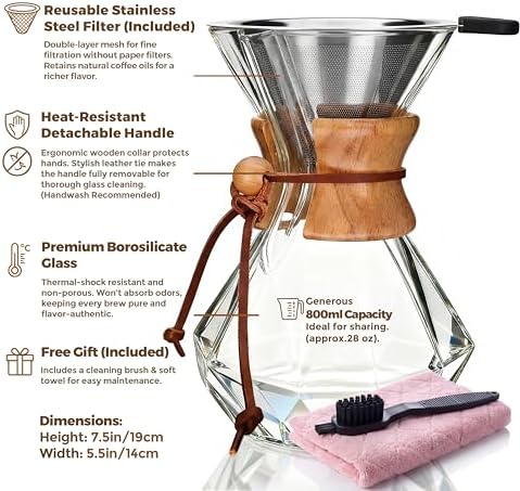 AGOGO Pour Over Coffee Maker Set, 28oz Diamond Style, 304 Stainless Filter