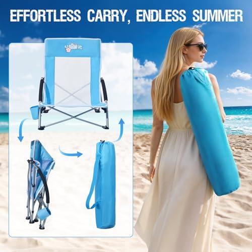 Old Bahama Bay 2 Pack Low Beach Chair - Heavy Duty 350lbs Capacity, Lightweight Folding Sand Chair with Breathable Mesh, Cup Holder & Carry Bag - Portable Low Profile Chair for Beach, Camping